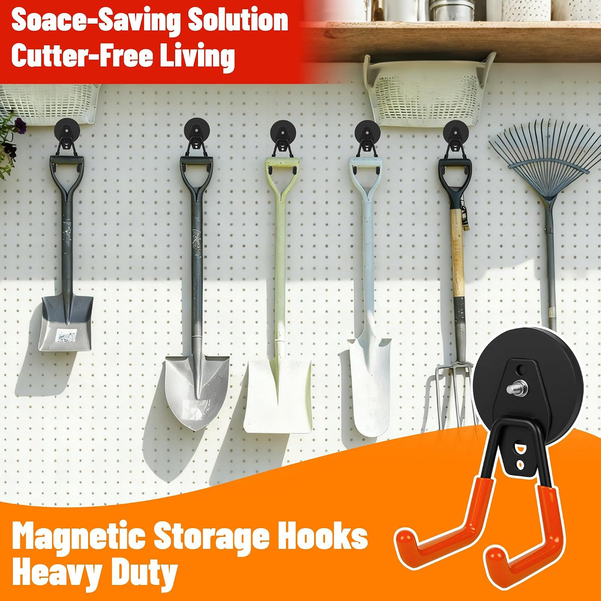 4 Pack Heavy Duty Magnetic Garage Hooks,No Drill Installation and Rubber Coating for Scratch-Free Use,Space Saving Large Utility Hooks for Kitchen,Tools,Pegboard,Workshop (Red 2pcs+Black 2pcs)