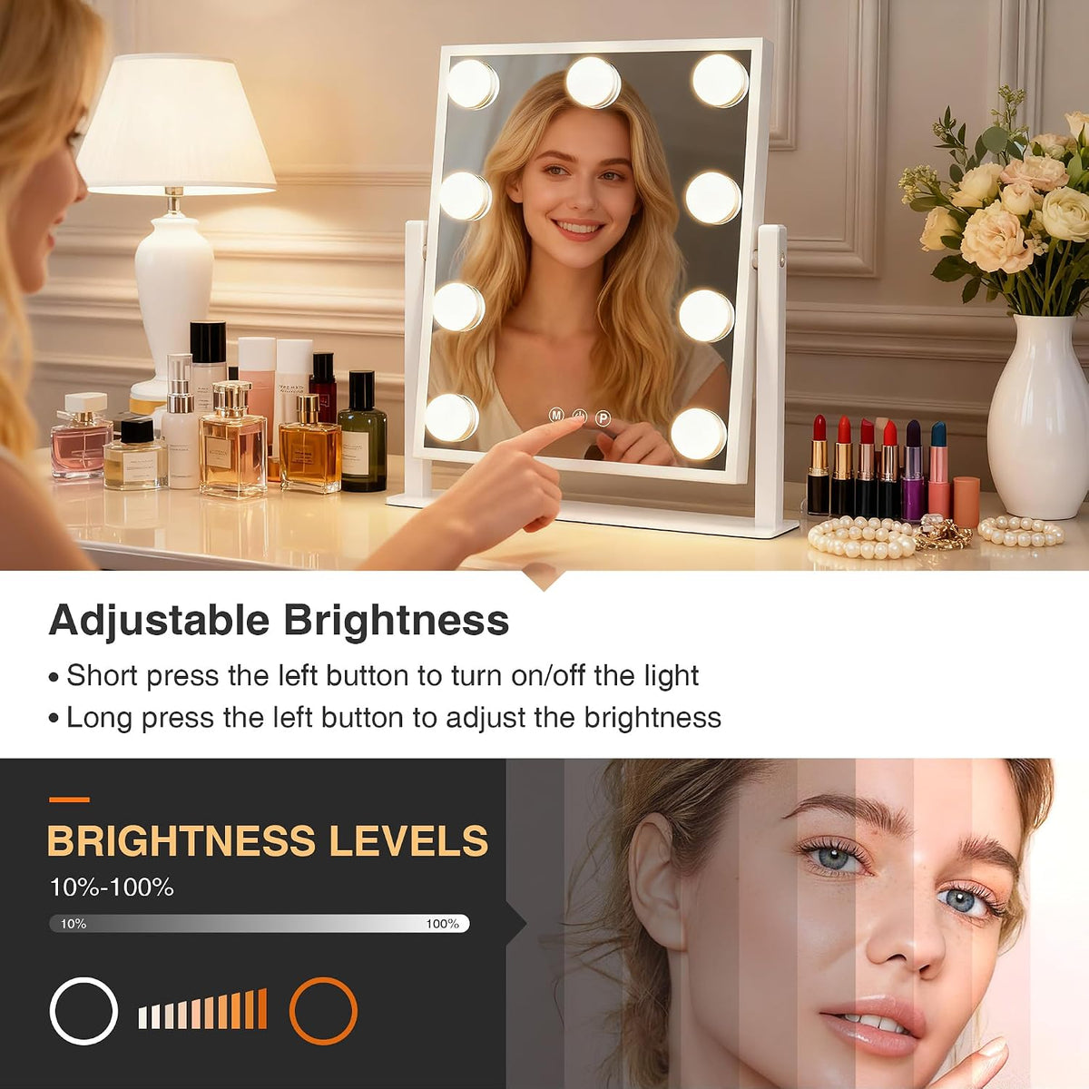Makeup mirror with lights,Hollywood Vanity Mirror with 9 LED Bulbs，12" x 13.2" Plug in Makeup Mirror for Desk,Smart Touch Control 3Colors Dimmable, light up mirror for makeup,Bedroom,Tabletop,White