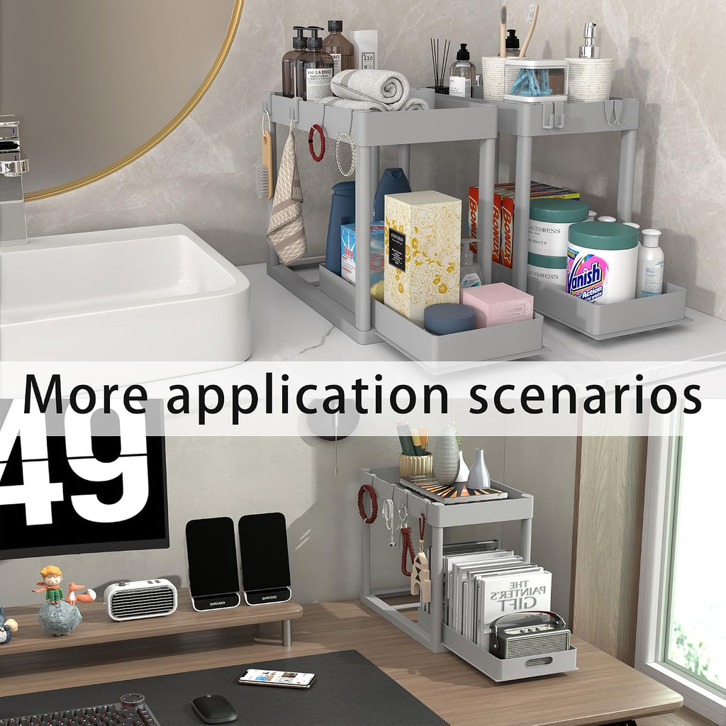 2PC Under Sink Organizer Rack 2 Tier Under Sliding Cabinet Basket Organizer Drawer with 4 Hooks, Multi-purpose Under Sink Storage for Bathroom Kitchen Desktop（Grey）