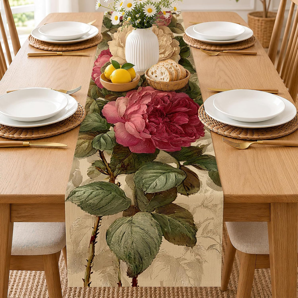 Vintage Peony Flower Table Runner,13 x 70 Inch Linen Kitchen Dining Table Runner for Coffee Table Dresser Wedding Home Party Decor