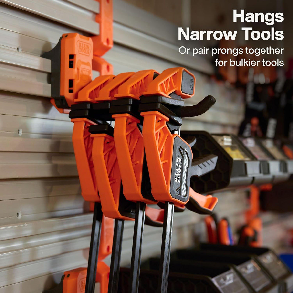 KLEIN TOOLS 54858MB MODbox Long Prong Hook 2-Pack, Modular Wall-Mounted Tool Hangers for Garage, Trailer, and Jobsite Storage, Dual-Use Mounting, Tool-Free MODbox Panel Compatibility
