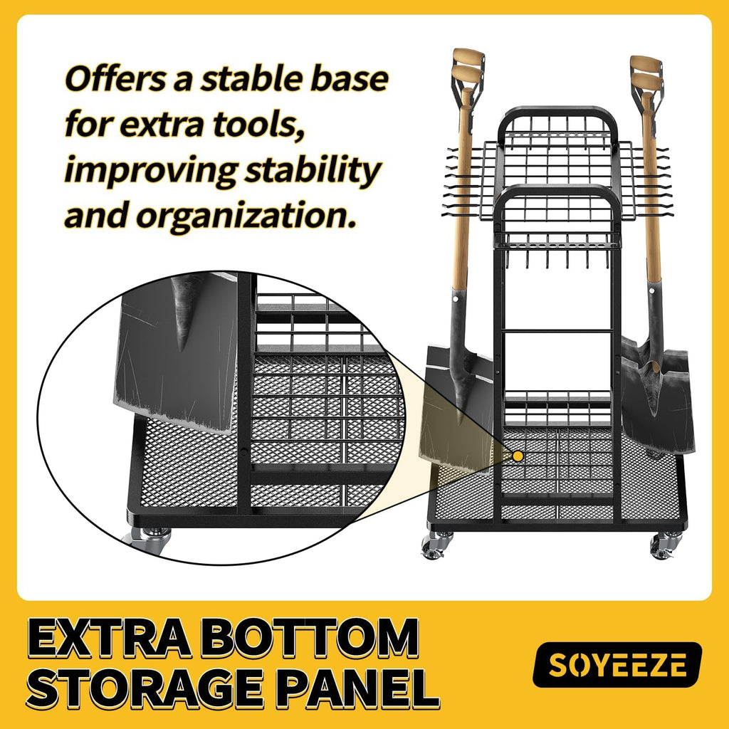 Garden Tool Organizer with Lockable Wheels, Heavy Duty 3-Tier Yard Tower Tool Rack for Garage, Holds Up to 35 Long-Handled Tools, Garden Tool Cart with 12 Hooks for Tool Organization Storage