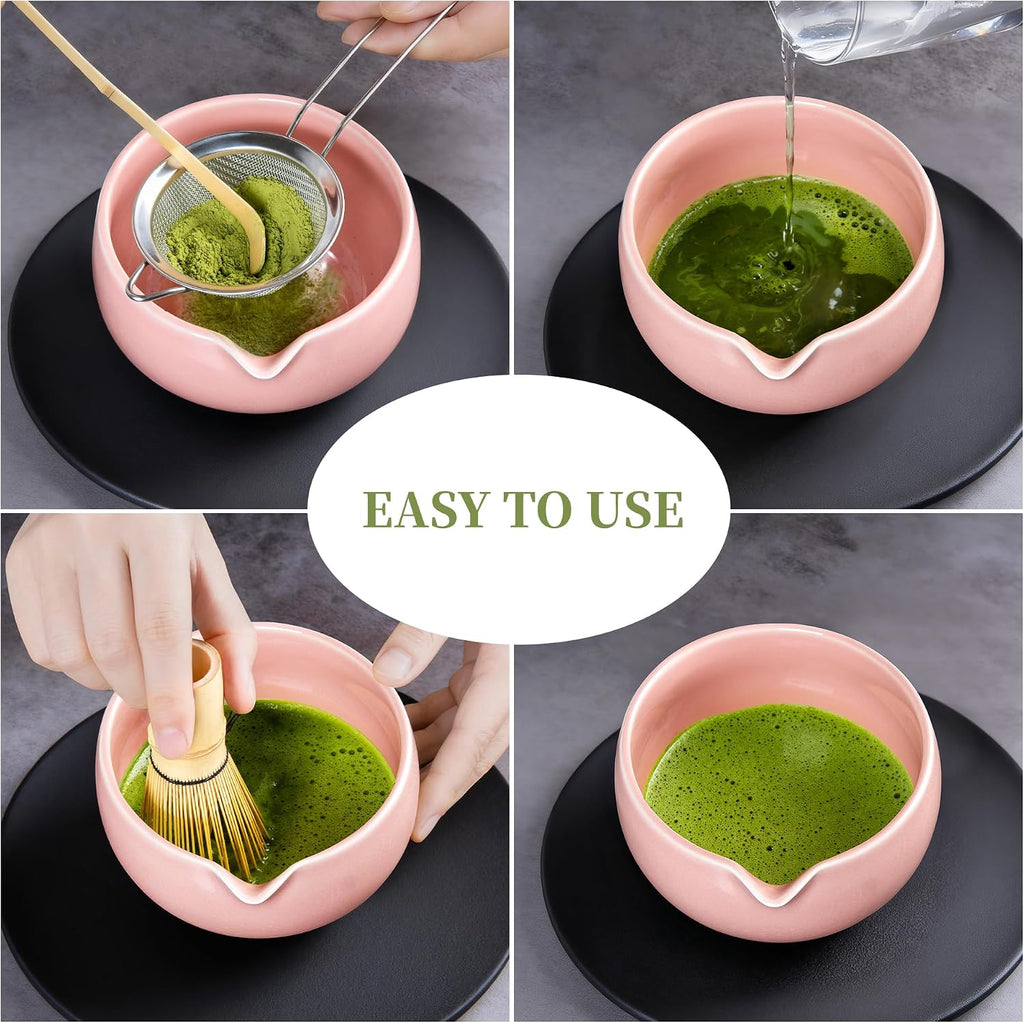 YIBO Matcha Whisk Set Pink, Handcrafted Bamboo Chasen & Ceramic Bowl Matcha Kit, Holder, Stainless Steel Sifter, Scoop Measuring Spoon & Cup Tools for Matcha Tea Ceremony