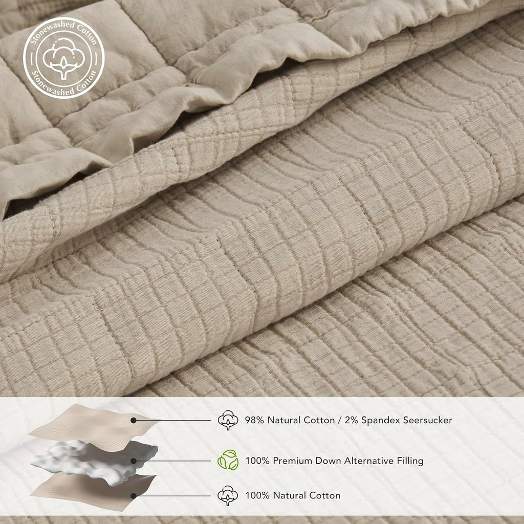EVERGRACEHOME Stonewashed Cotton Quilt Set, King Size, Flax Beige