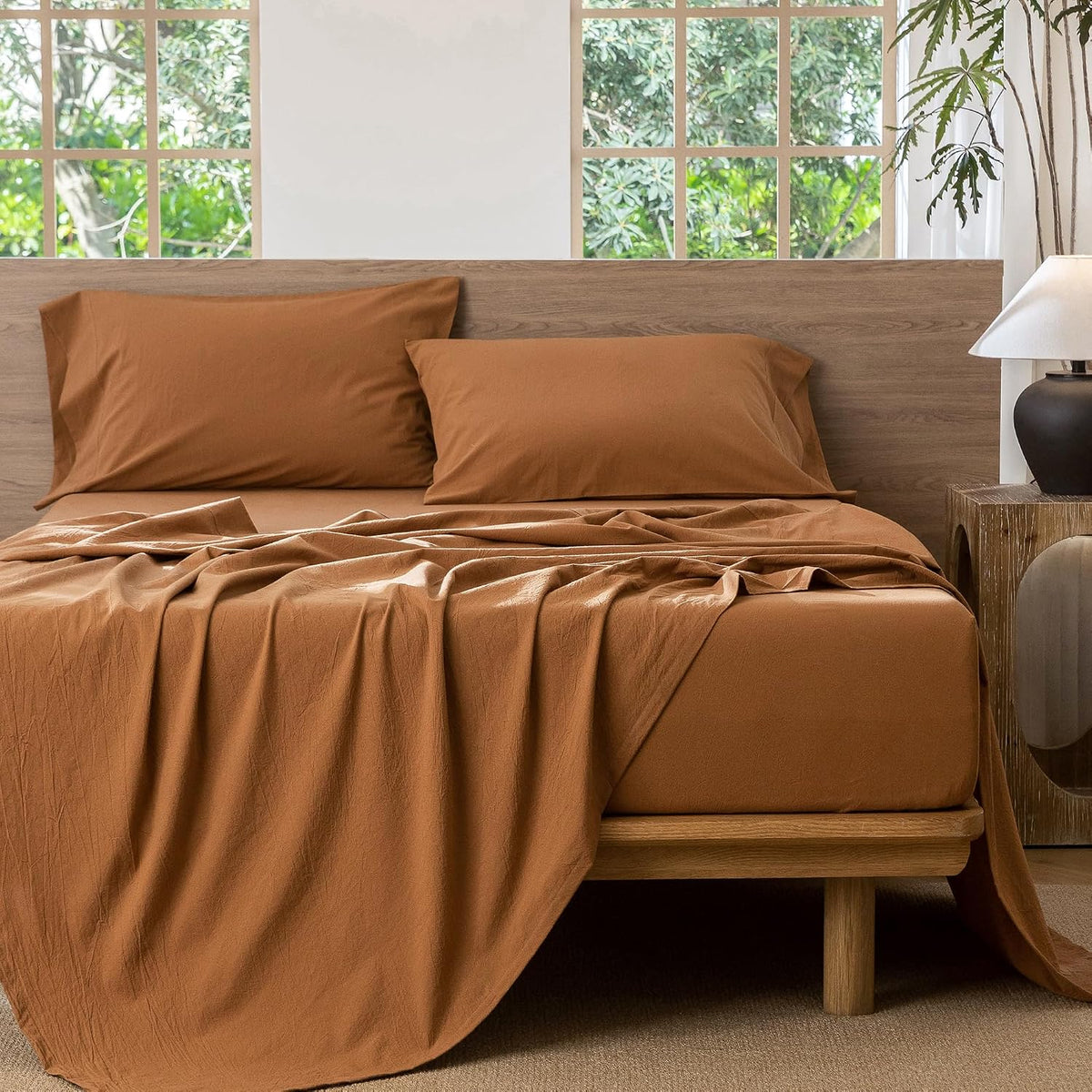 MooMee Sheet Set 100% Washed Cotton Linen-Like Extra Deep Pocket Queen