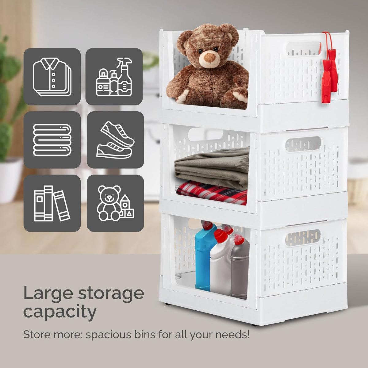 Skywin Foldable Stackable Storage Bins with Wheels, 3 Pack - Ivory