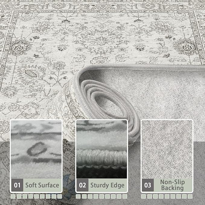 Grey Floral Rug for Entryway, 2x3 Washable Kitchen Mat Ultra-Thin Soft - Image 4