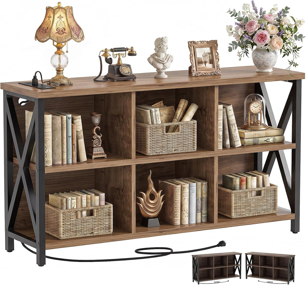 6 Cube Bookcase, Cube Storage Organizer Bookshelf with Outlets