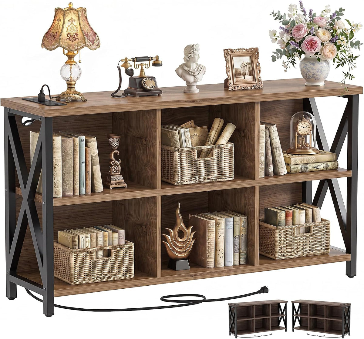 6 Cube Bookcase, Cube Storage Organizer Bookshelf with Outlets