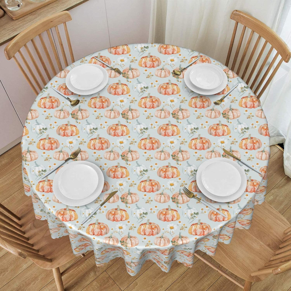 Thanksgiving Round Tablecloth 60 Inch Pumpkin Daisy Table Cloth Waterproof Heat Resistant Reusable Autumn Decorations Table Cover for Holiday Kitchen Dinning Party Decor