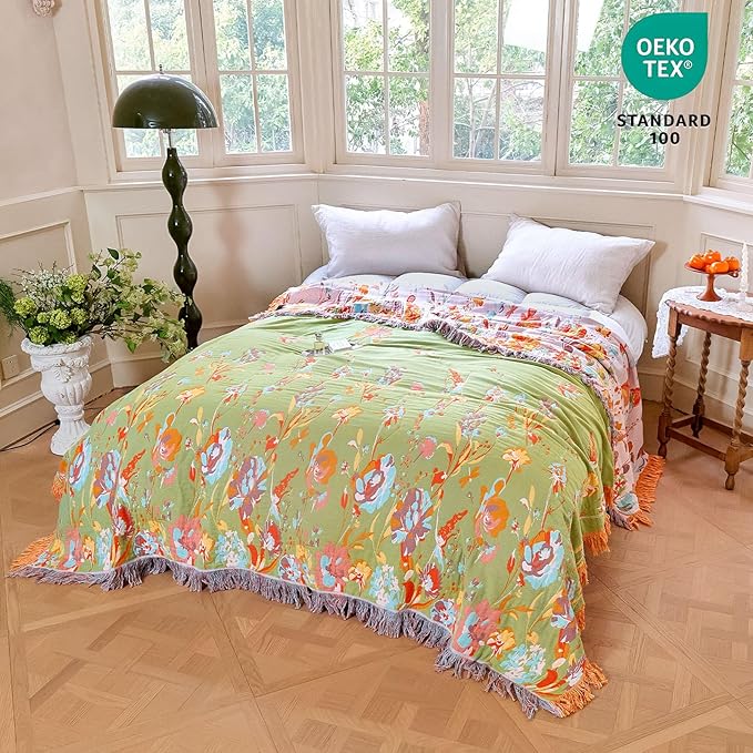 MSGKV Boho Throw Blanket 90"x90" Floral 100% Cotton Blanket - Image 7