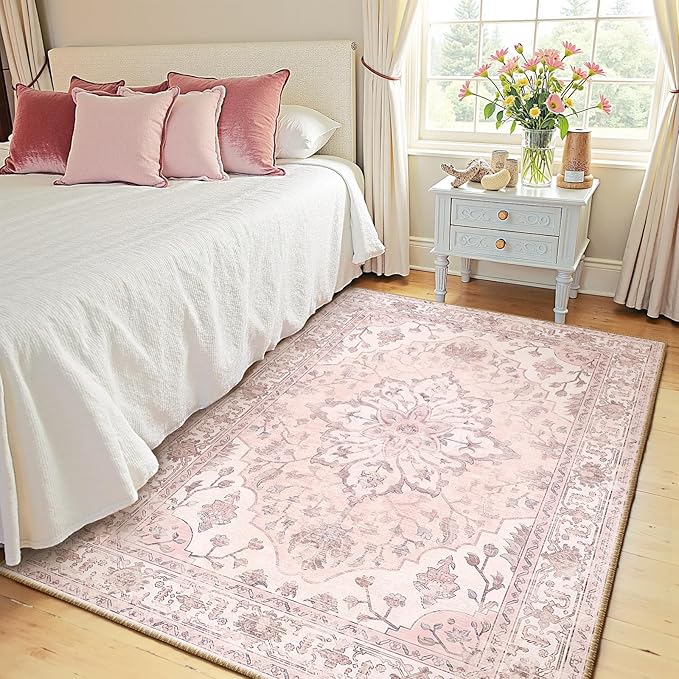 Area Rugs 4'x6' Washable Non-Slip, Floral Vintage Distress Print Pattern - Image 2