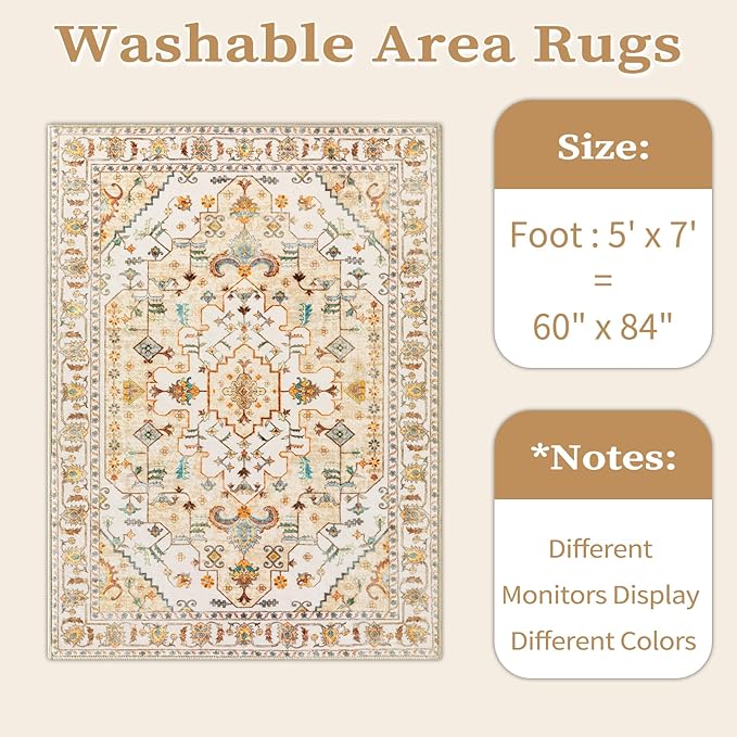 SERISSA Boho Area Rug 5x7 Light Yellow, Washable Large Rugs - Image 6