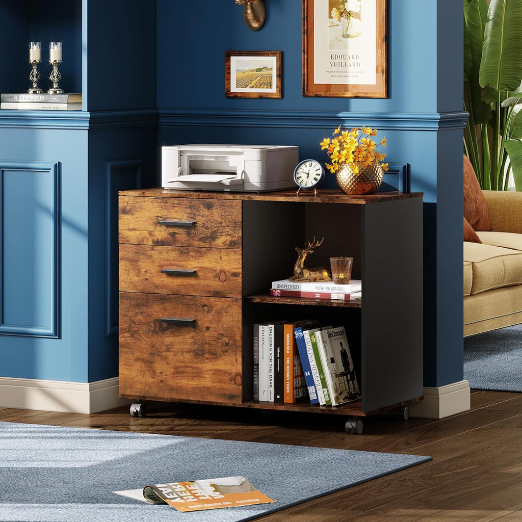 DEVAISE 3-Drawer Mobile File Cabinet, Lateral Filing Cabinet, Rustic Brown