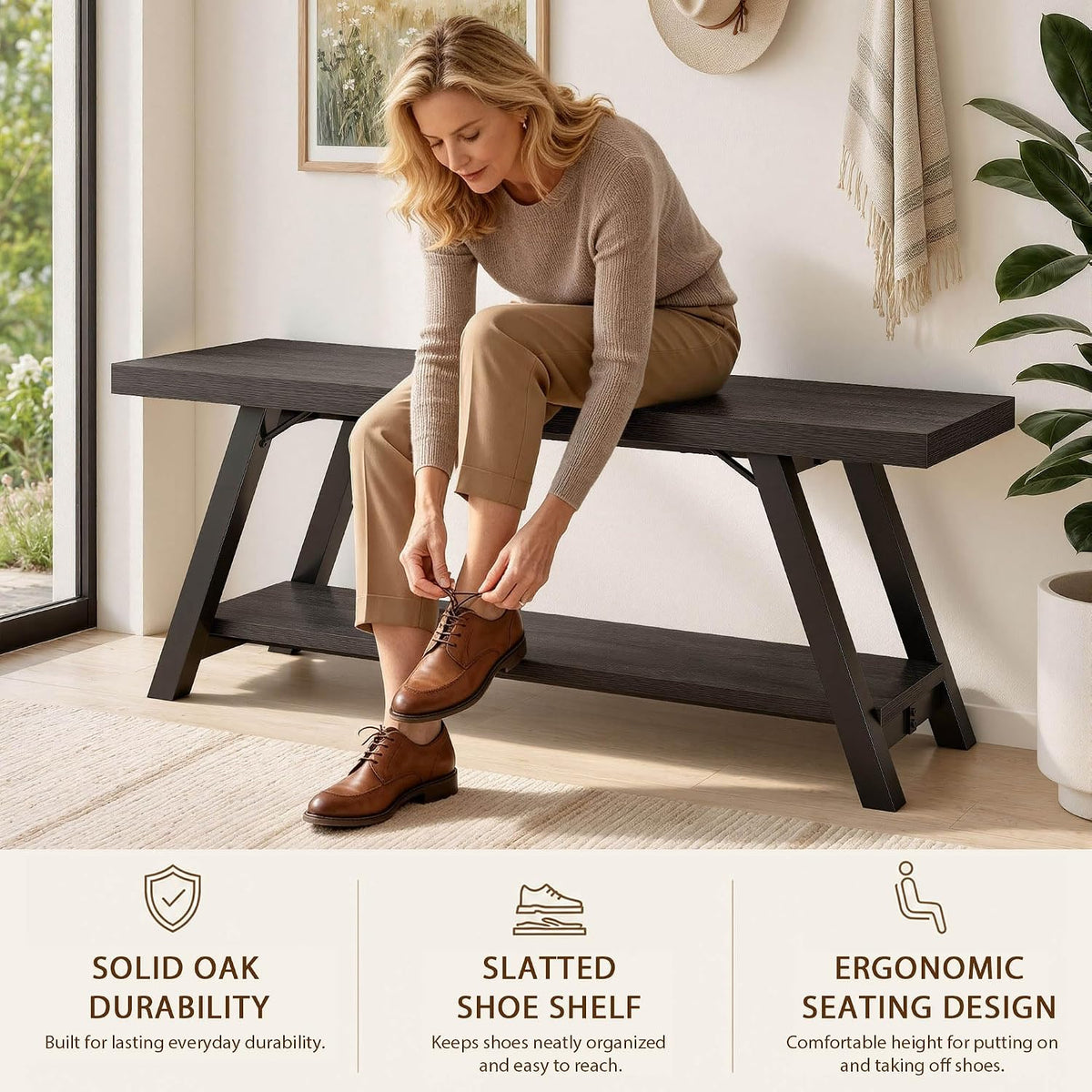 LVB Entryway Bench with Storage, Wood Bench for Entryway, Dark Gray Oak