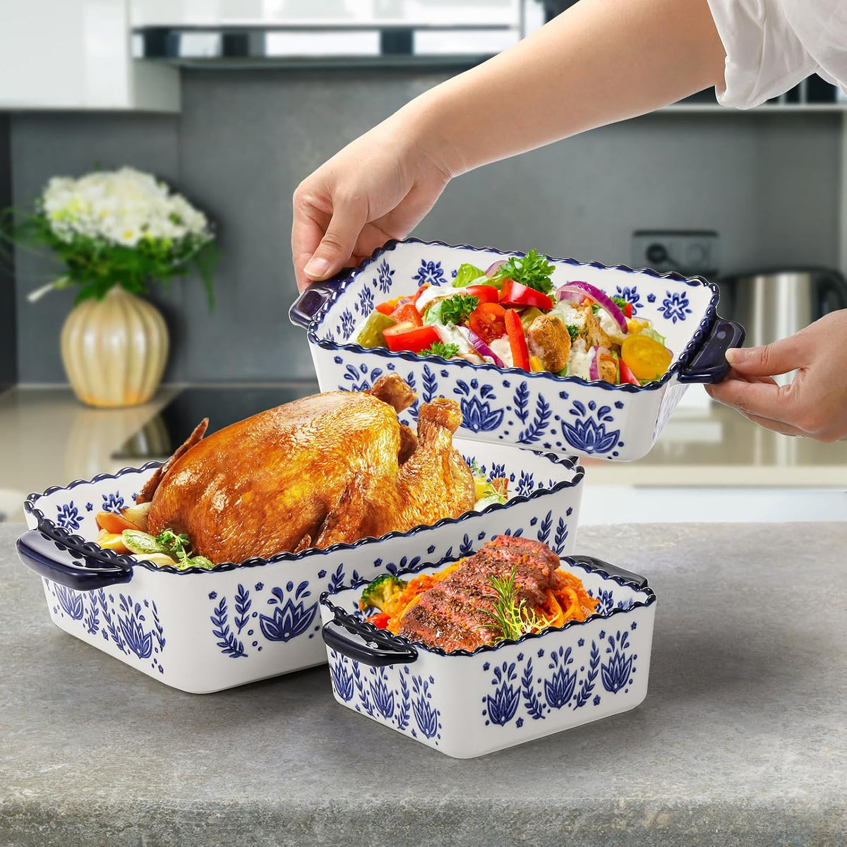 SOUJOY 3 Pack Porcelain Bakeware Set, Rectangular Baking Dishes, Lasagna Pan for Cooking, Kitchen, Casserole Dishes, Cake Dinner, Banquet and Daily Use