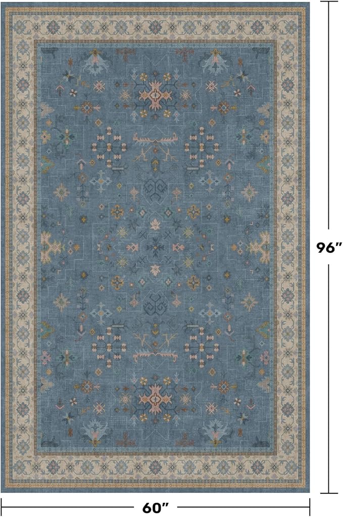 5x8 Rug for Living Room, Boho Eclectic Area Rugs Blue Modern Low-Pile Carpet - Image 2