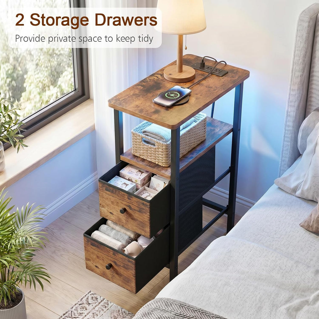 LOAKEKEL Narrow End Table with Charging Station, Small Nightstand