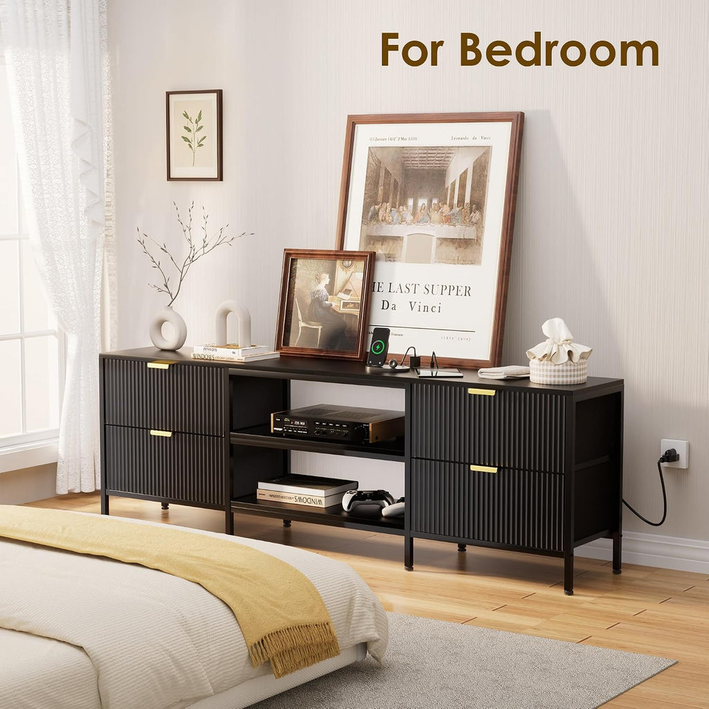63 Inch Black Fluted TV Stand with Storage, Entertainment Center