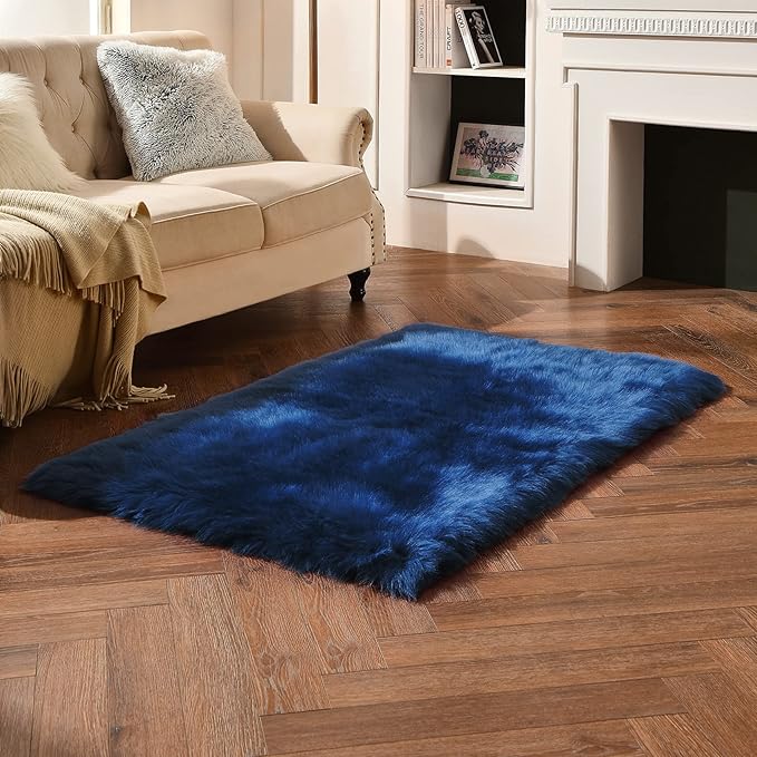 duduta Navy Blue Faux Sheepskin Fur Rug 3x5 ft, Fluffy Shag Bedroom Dorm - Image 5