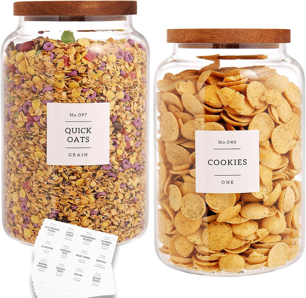 CZHQSMZ Set of 2 Large Glass Jar with Airtight Acacia Lid and 132 Kitchen Pantry Labels, Clear Glass Food Storage Jars Containers for Rice Flour Pasta Sugar Coffee Cookie and More(98 Fl Oz/2800 Ml)