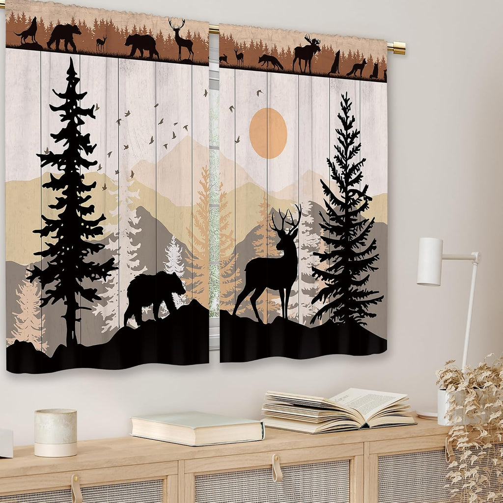 Farmhouse Forest Cabin Kitchen Curtains Rustic Wooden Small Short Cafe Window Curtains Tree Country Deer Bear Rod Pocket Bathroom Window Drapes Treatment Tier Curtains 2 Panels (26x24 Inch)