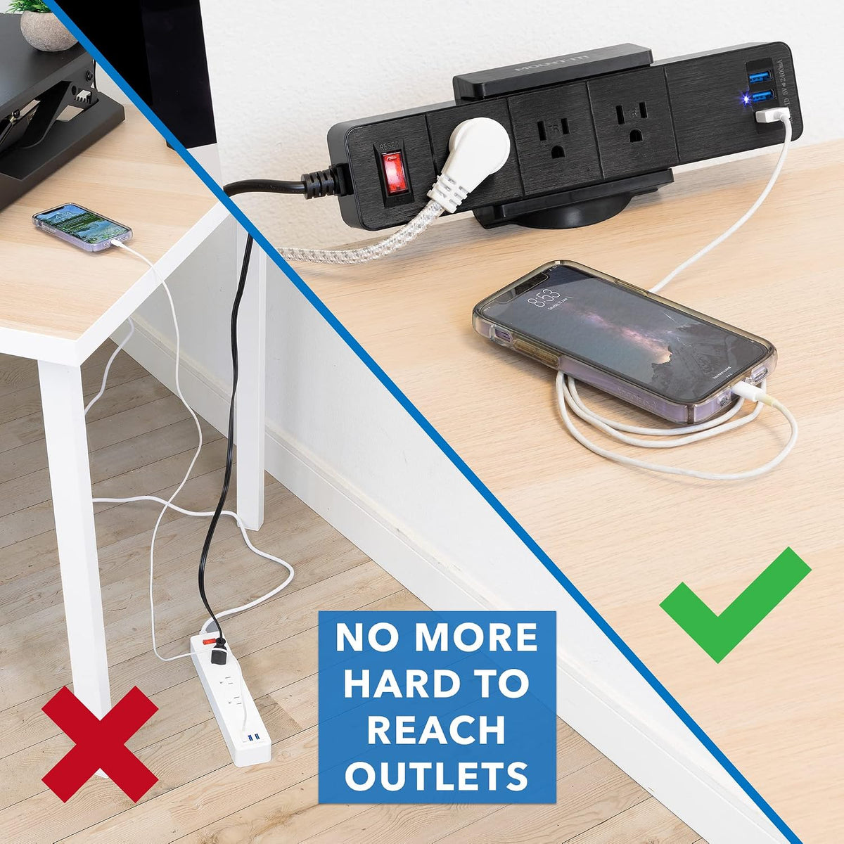 Mount-It! Desk Clamp Power Strip, 3 Outlets & 3 USB Ports