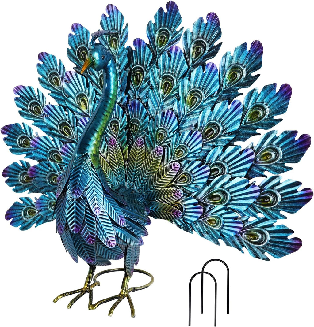 YEAHOME Garden Decor Outdoor Statues, 34" Large Metal Peacock Standing Yard Art, Blue Green Bird Lawn Sculptures Garden Decor for Outside Patio Porch Backyard