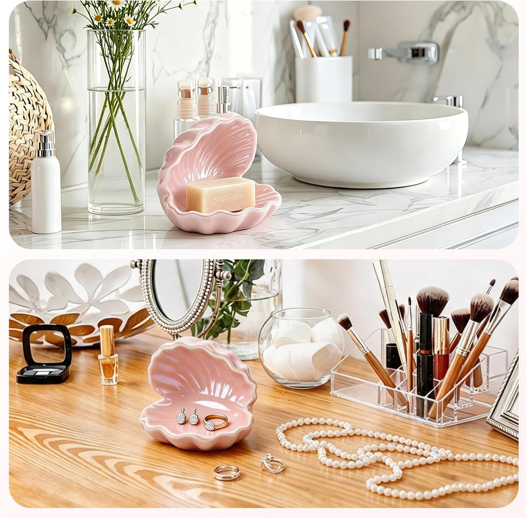 Pink Seashell Jewelry Dish, Ceramic Ring Holder, Coastal Pink Room Decor