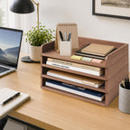 PROLEE 4 Pack Stackable Paper Tray, Wooden Paper Tray Organizer with Letter Tray, Paper Holder for Desk, Desktop File Storage Rack for Study, Home and Office (Walnut)