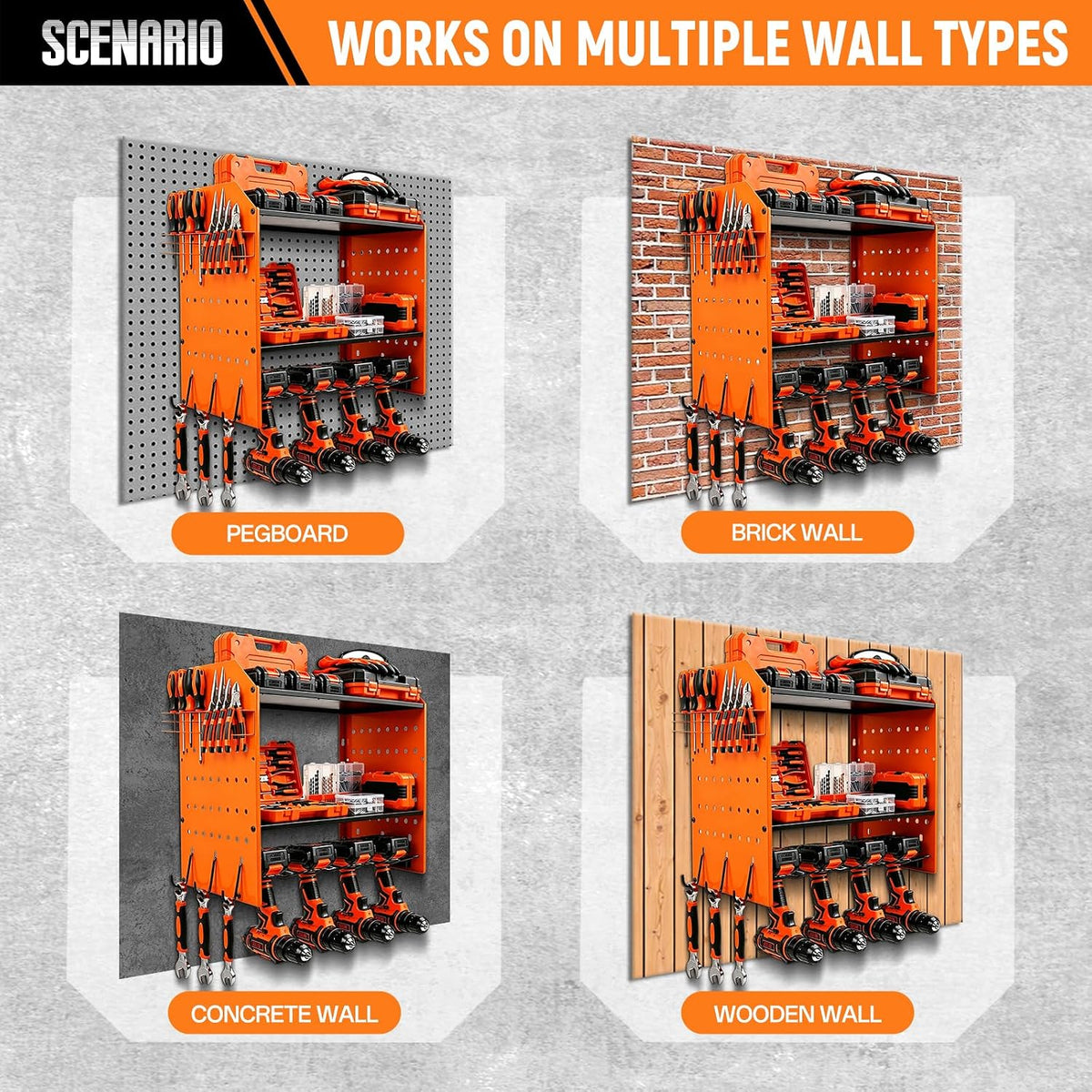 4-Tier Power Tool Organizer,Tool Storage Rack with 4 Drill Holders, Cordless Tool Organizer,Heavy Duty Power Tool Shelf for Garage,Warehouse,Workshop, Gift for Men,Husband