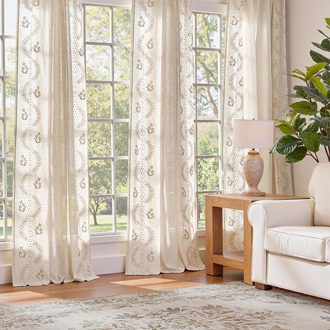 jinchan Belrose Linen Curtains for Bedroom Floral Curtains 96 Inch Length Linen - Image 3