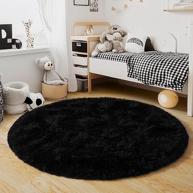 4'x4' Black Round Rug for Bedroom, Ultra Soft Fluffy Circle Rug for Kids Girls - Image 8