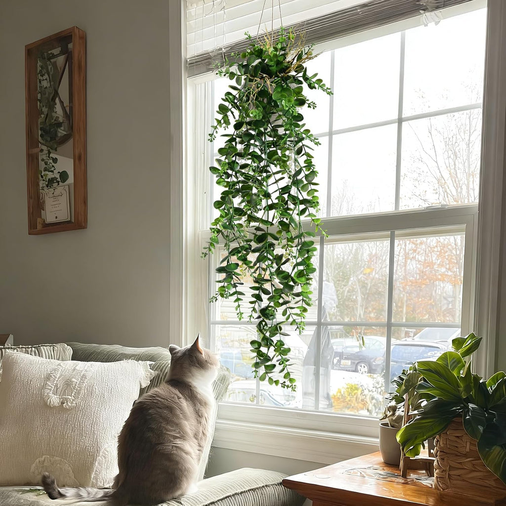 Artificial Hanging Plant 2 Pcs Faux Eucalyptus Vine Ivy Vine Faux Plant Fake Potted Greenery for Wall Living Room Home Shelf Office Bathroom Outdoor Indoor Decor (Type 2)