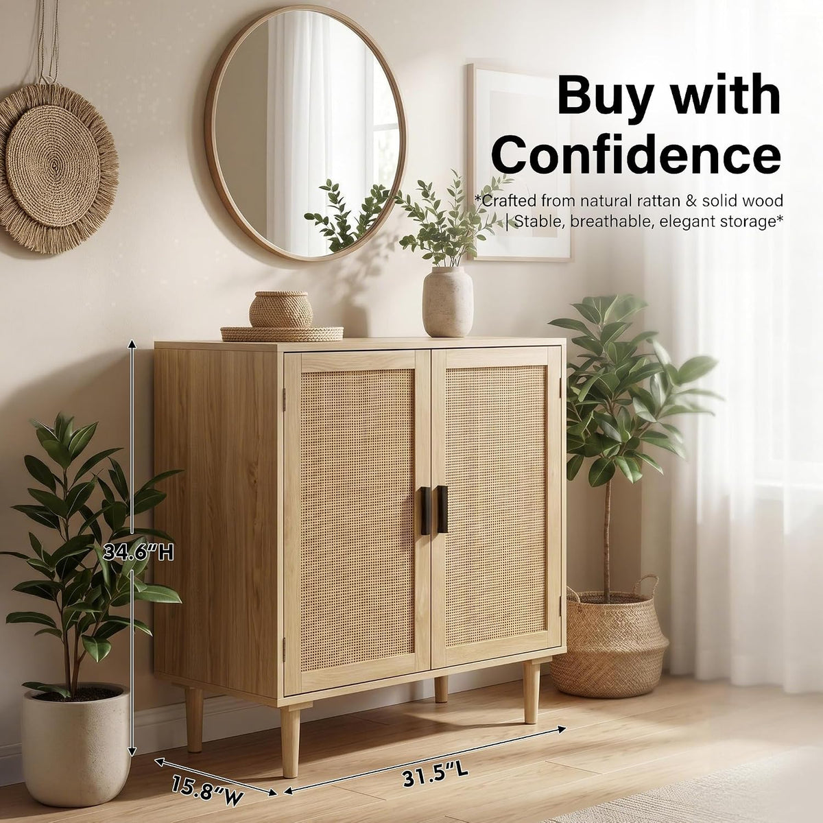 Finnhomy Sideboard Buffet Cabinet, Kitchen Storage Sideboard with Rattan Decorated Doors, Liquor Coffee Buffet, Dining Room, Hallway, Console Table, Accent Cabinet, 31.5X 15.8X 34.6 Inches, Natural
