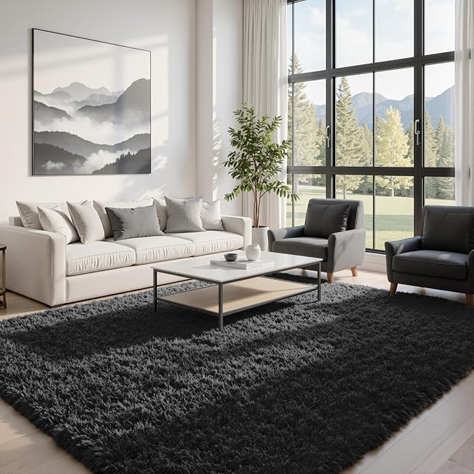 5x8 Area Rugs for Living Room: Soft Fluffy Shag Black Rugs for Bedroom - Image 2