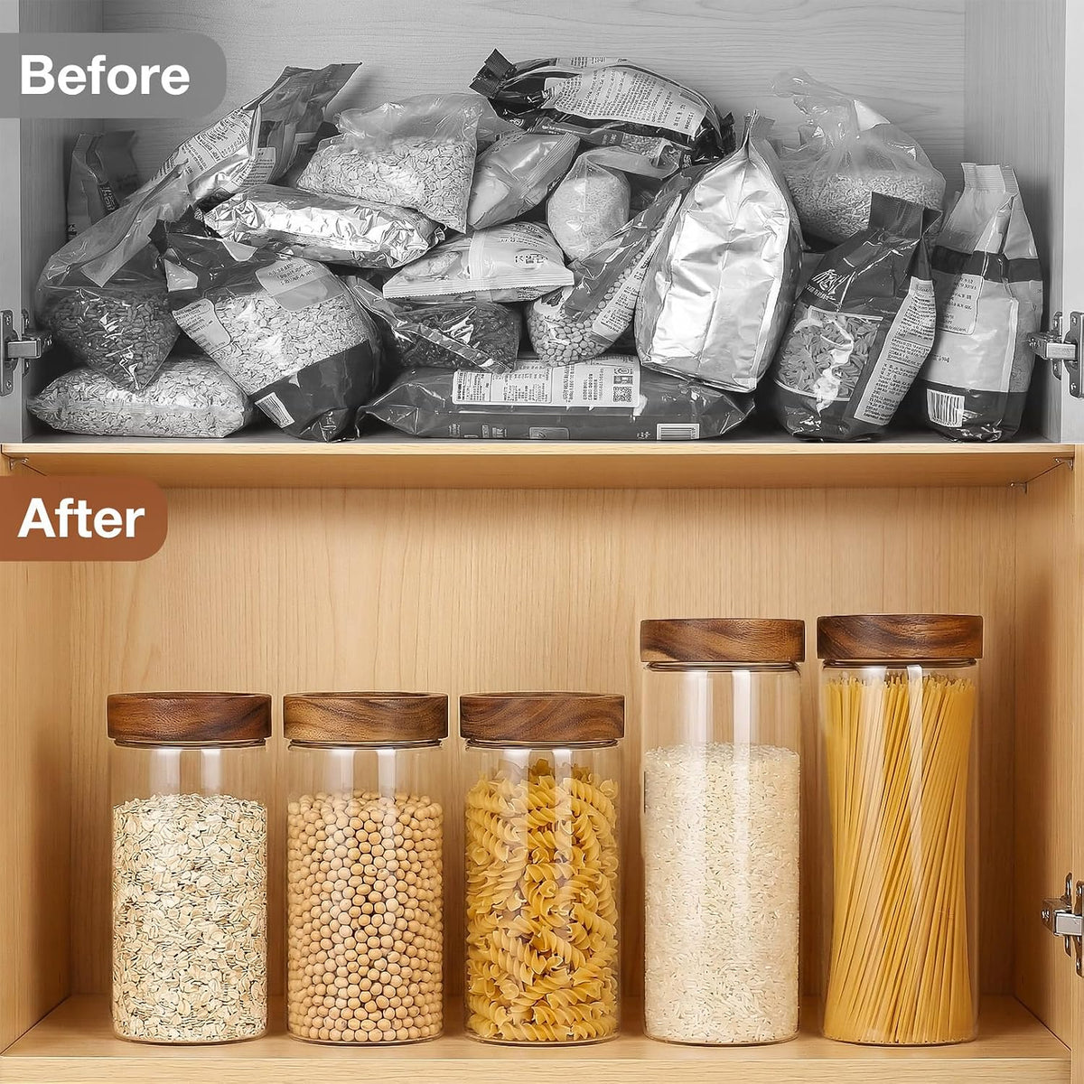 CONNOO 40oz Airtight Glass Storage Containers with Wood Lids (3-Pack)