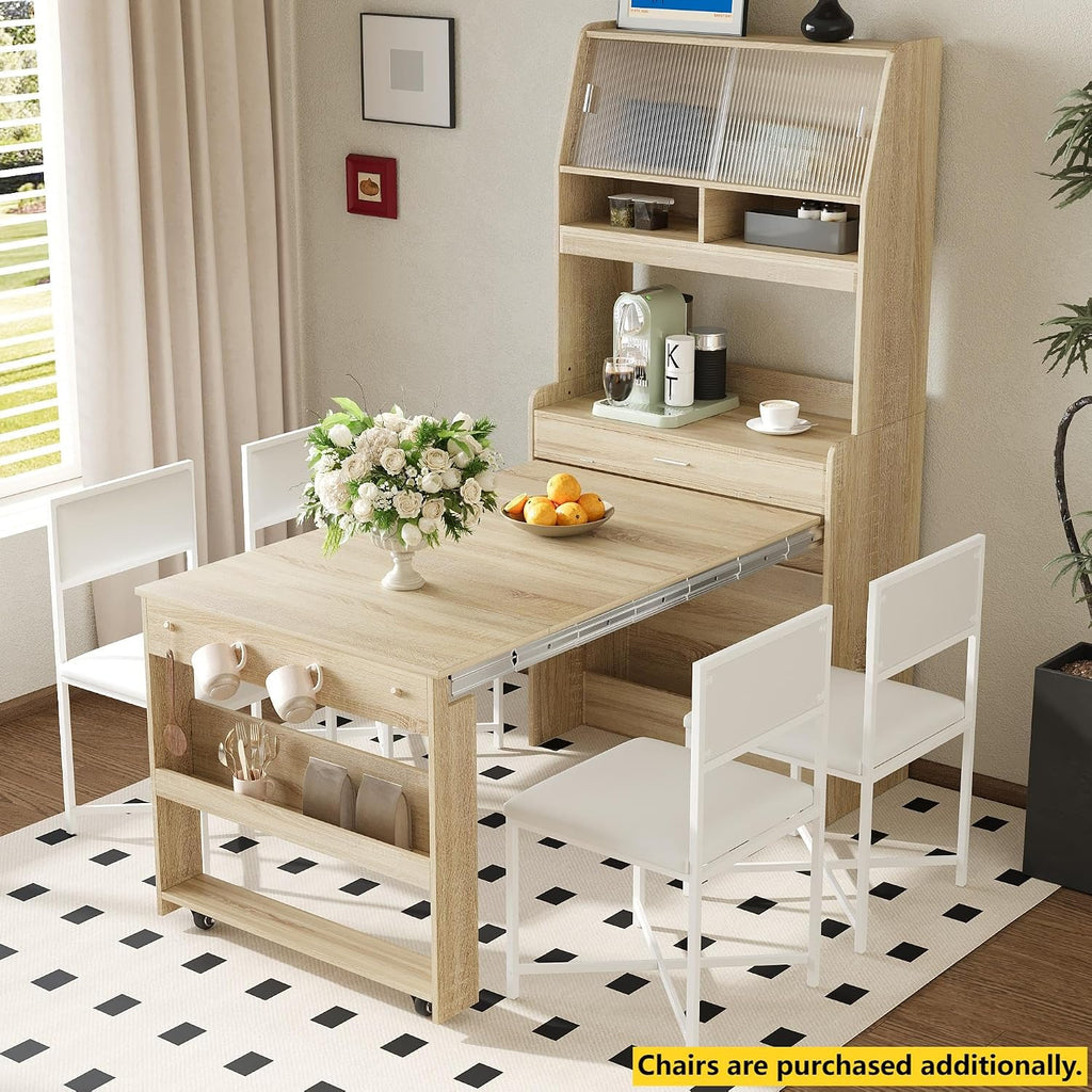 Merax Sideboard Buffet Cabinet with Foldable Dining Table, Multifunctional Cupboard with Storage Shelf and Hooks, for Small Places,Studio, Apartment