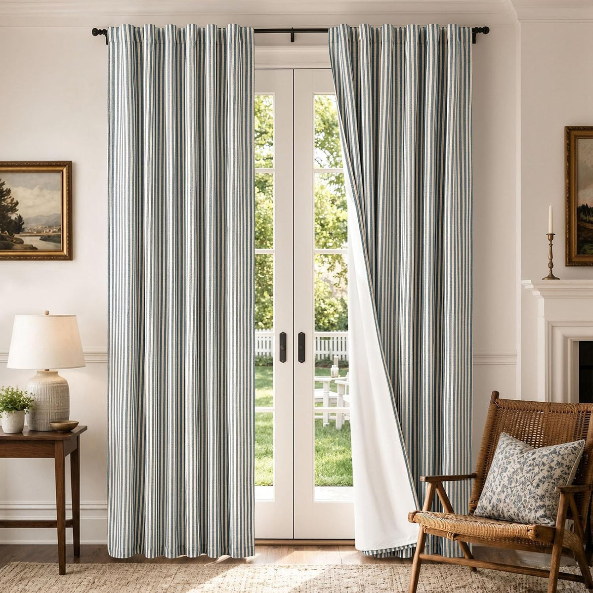 jinchan Linen Blackout Curtains Back Tab 84 Inch 2 Panels Striped Blue
