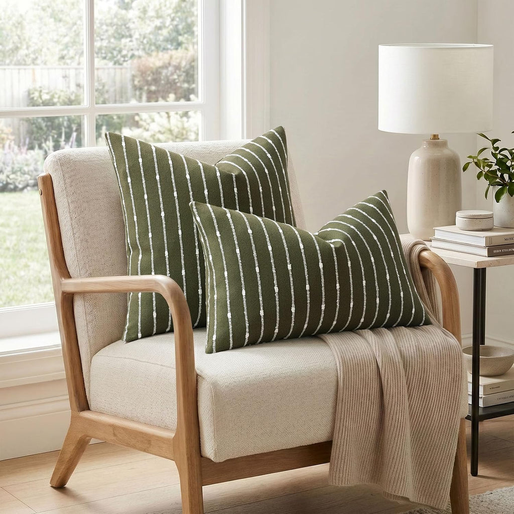 decorUhome Striped Decorative Throw Pillow Covers 18x18 Set of 2, Olive