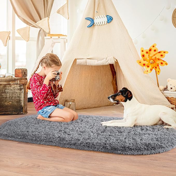 Pionblank Fluffy Oval Area Rug for Bedroom 3.3x6.2 Feet, Cute Plush Throw Rugs - Image 2