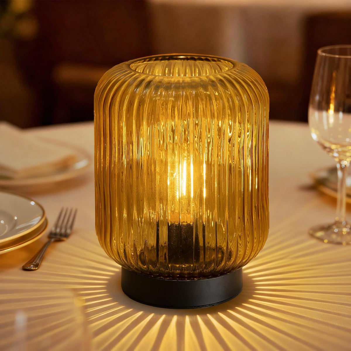 LUSHARBOR Battery Operated Decorative Glass Table Lamp with Timer Amber