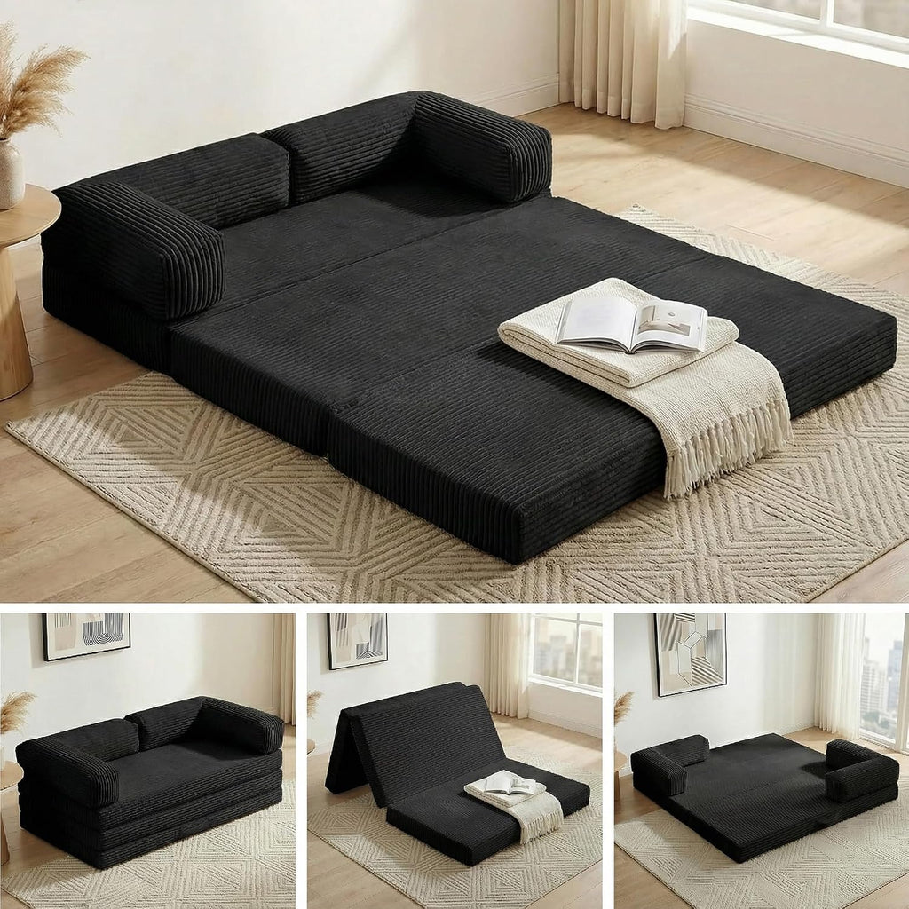 Convertible Sofa Bed King,5-in-1 Boneless Couch Corduroy Futon Sofa Bed,Tri-Fold Mattress with Removable Armrests & Handle,Sleeper with Pull Out Bed for Small Space Living Room Bedroom,Black