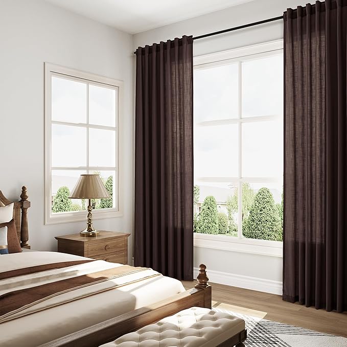 Linen Curtains Semi Sheer Coffee Brown 96 Inches Long 2 Panels Set - Image 7