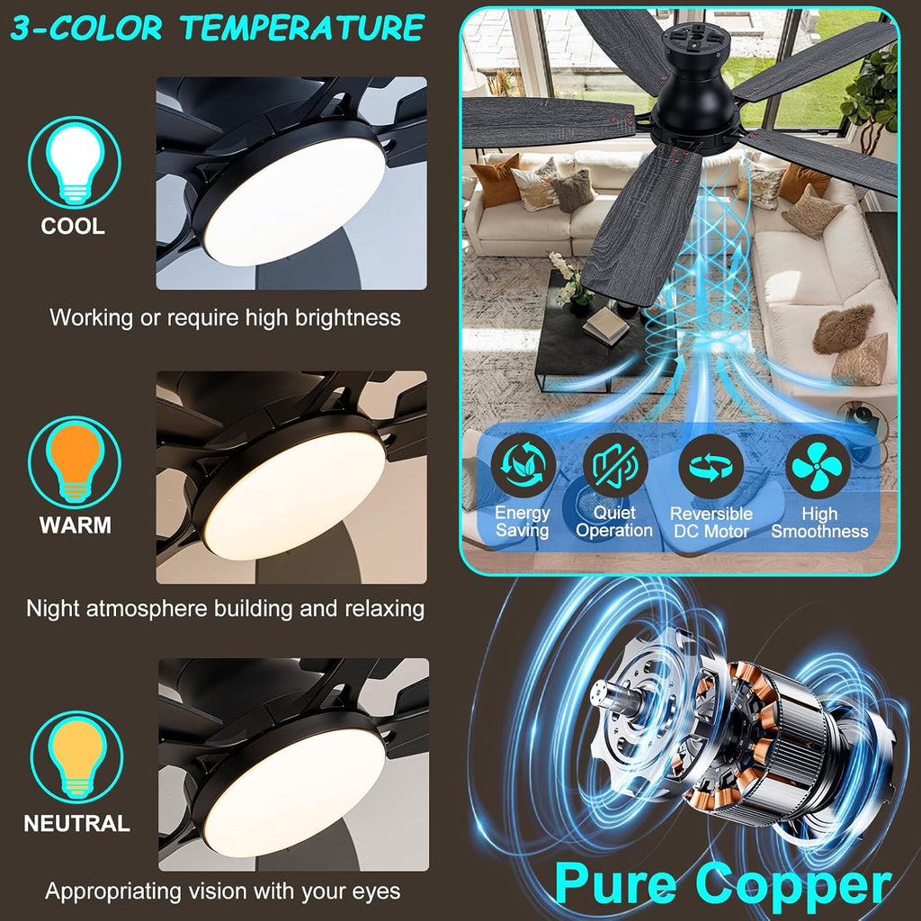 Coolwind 52'' Black Ceiling Fan with Light, Flush Mount, Remote APP Control