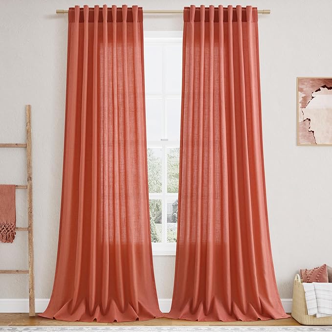 Coral Linen 96 Inch Length Curtains Panels 2 Panel Set Back Tab Rod Pocket by Nanspring