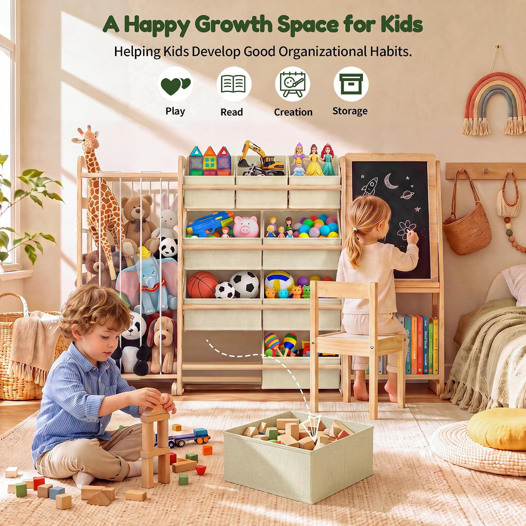 Multifunctional Toy Storage Organizer with Chalkboard: 4-in-1 Design