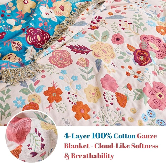 MSGKV Boho Throw Blanket for Bed Twin Size 100% Cotton Floral Blanket 60"x80" - Image 4