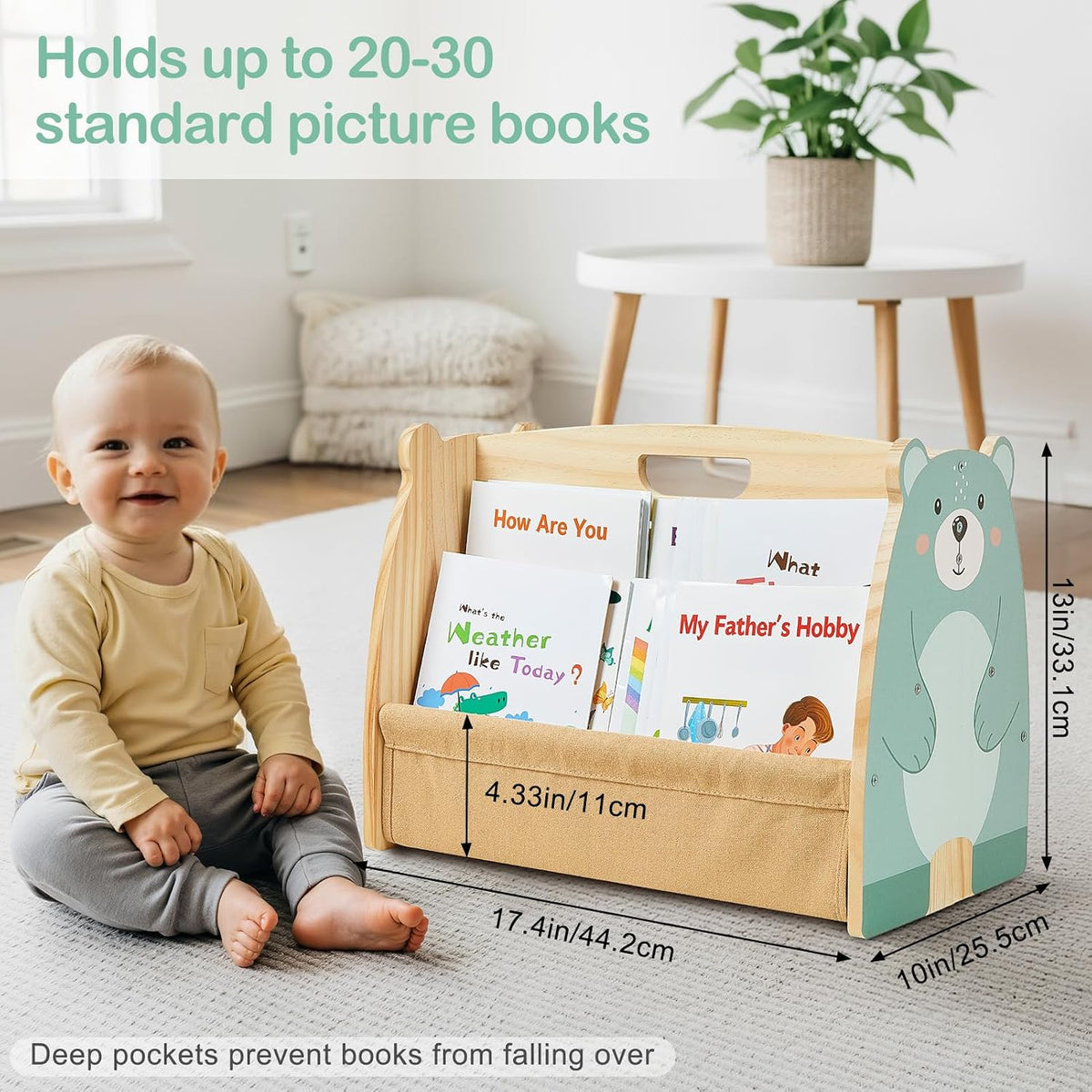 Toddler Bookshelf Double-Sided with 4 Tier Deep Sleeves Kids Wooden Montessori Book Rack for Baby Nursery Room, Playroom, Classroom or Bedroom Bookcase Storage Organizer, Green Bear