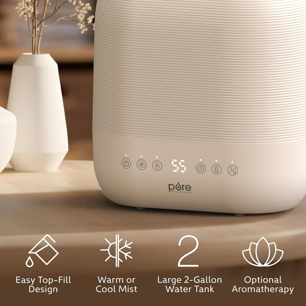 Pure Enrichment HUME Sense Warm & Cool Mist Top-Fill Humidifier, 2-Gal Tank, Up to 4.5 Days, Auto Humidity Sensor, 3 Mist Levels, Night Light, Aromatherapy, Sleep Mode & Auto Shut-Off